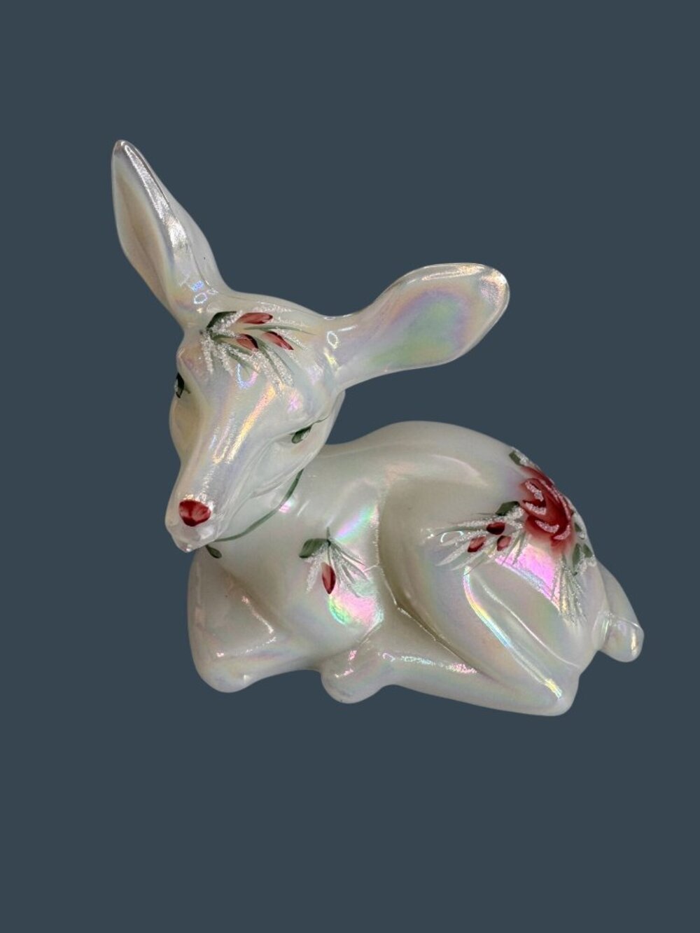 Fenton White Iridescent Hand Painted Deer Figurine D. Frederick Signed 3.5" - Picture 2 of 10